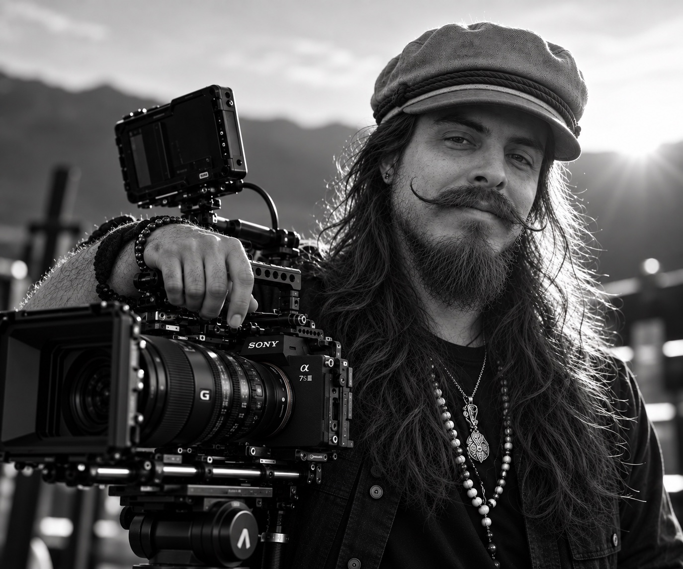 Daniel Hedrick with a cinema camera on set