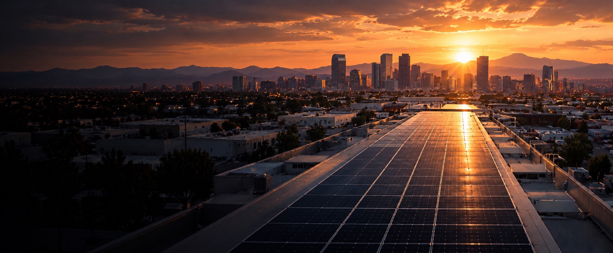 Downtown Denver and the Front Range at golden hour, viewed from a solar rooftop
