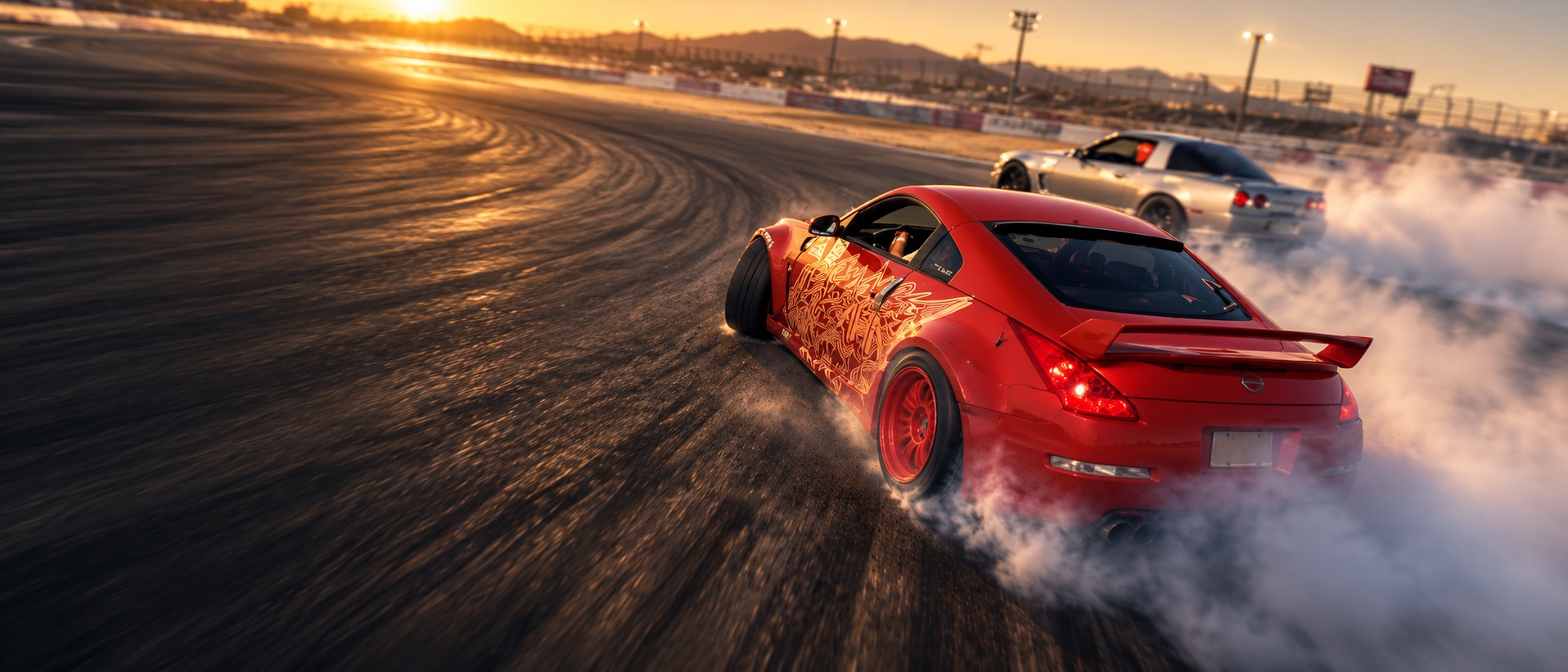 Red wide-body drift car sliding through a motorsports track