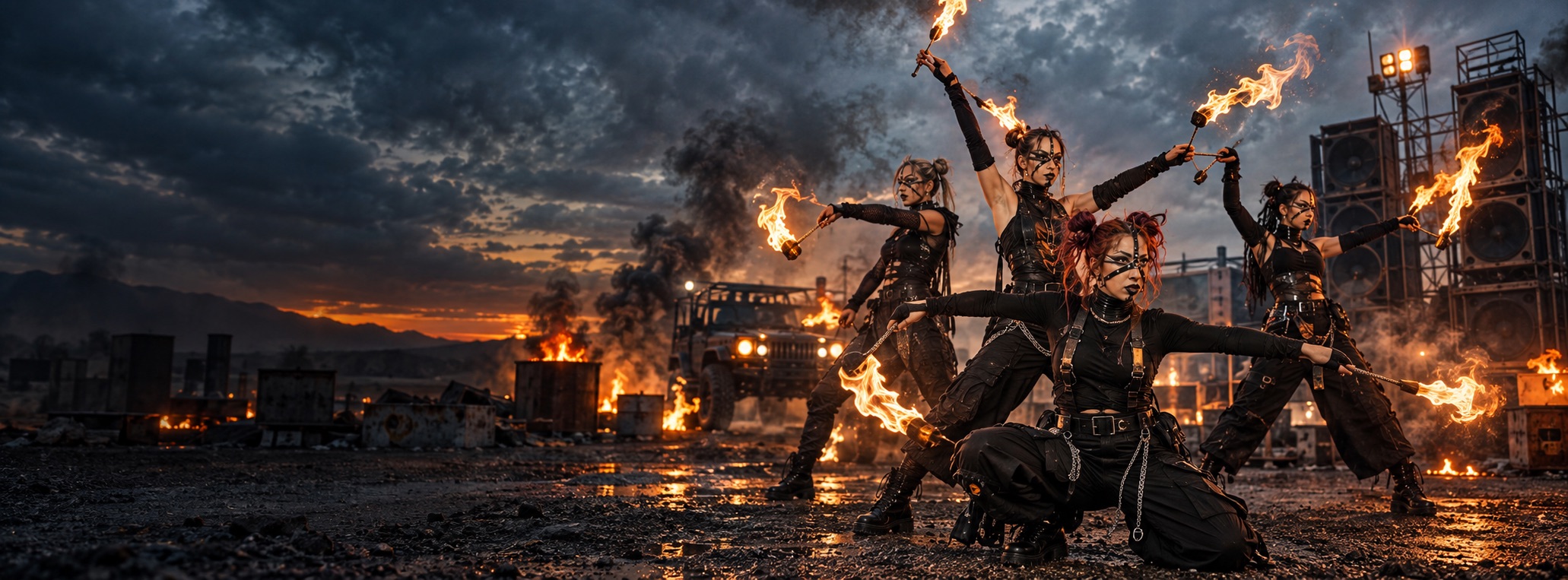 Fire performers in an industrial music video scene